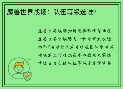 魔兽世界战场：队伍等级选谁？