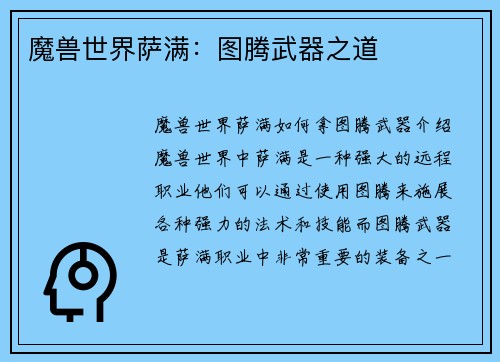 魔兽世界萨满：图腾武器之道